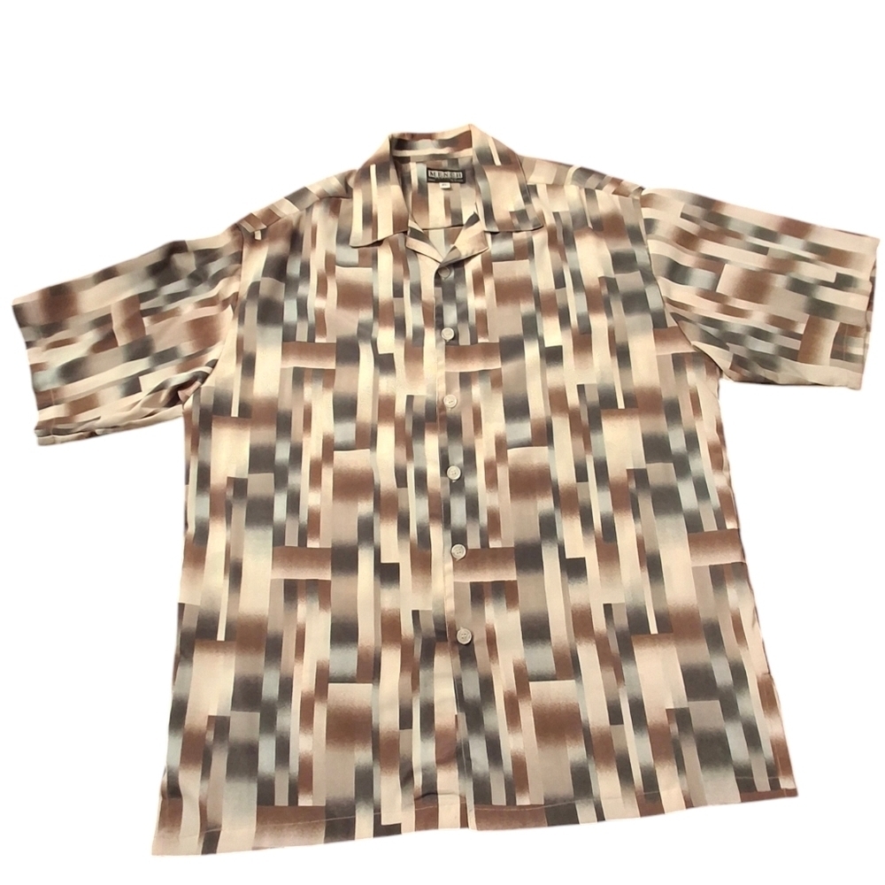 Mench Platinum Men XL Tan Windowpane Short Sleeve Polyester Button-down Shirt